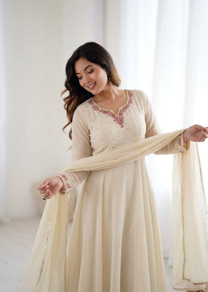 Bollywood Style Beige Color Princess Style Handwork Anarkali Gown