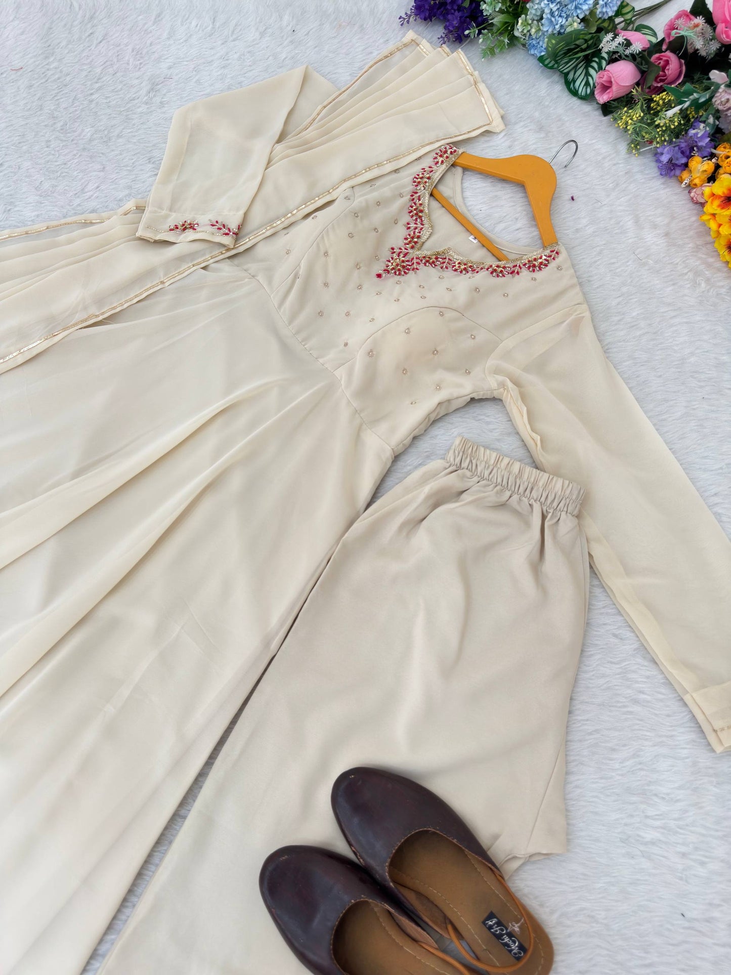 Bollywood Style Beige Color Princess Style Handwork Anarkali Gown