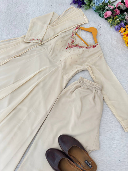 Bollywood Style Beige Color Princess Style Handwork Anarkali Gown