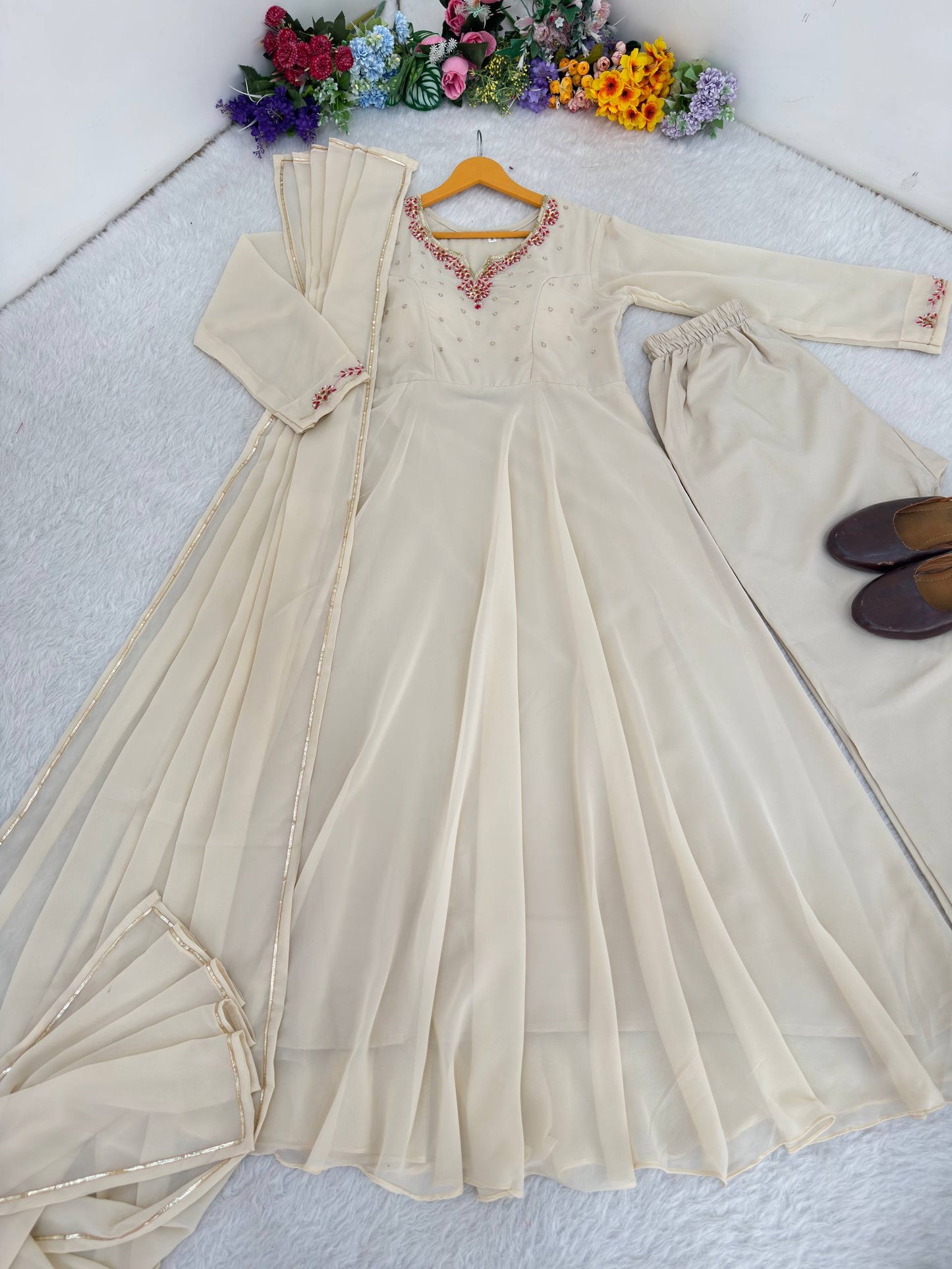 Bollywood Style Beige Color Princess Style Handwork Anarkali Gown