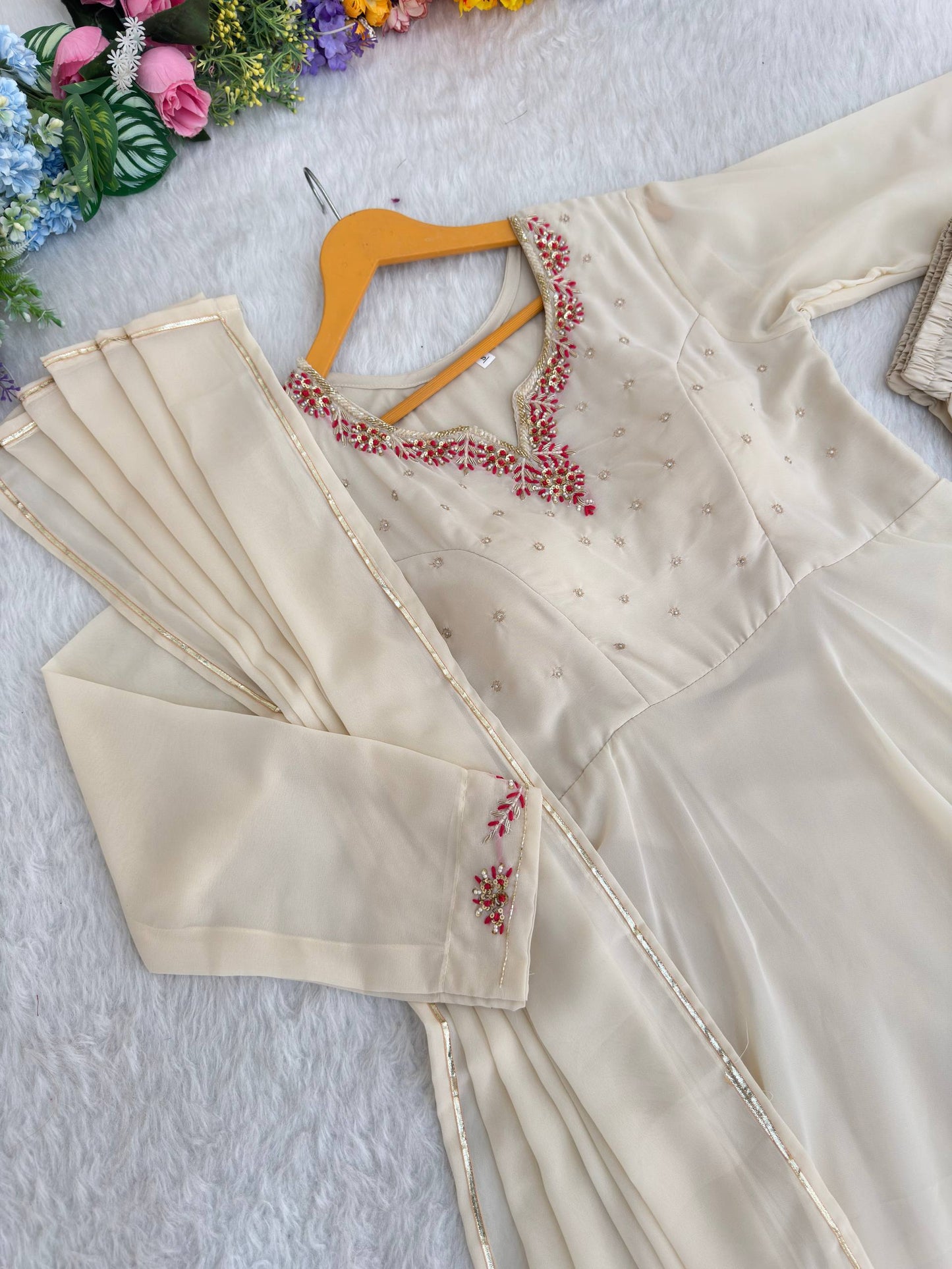 Bollywood Style Beige Color Princess Style Handwork Anarkali Gown