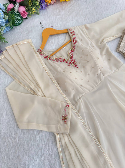 Bollywood Style Beige Color Princess Style Handwork Anarkali Gown