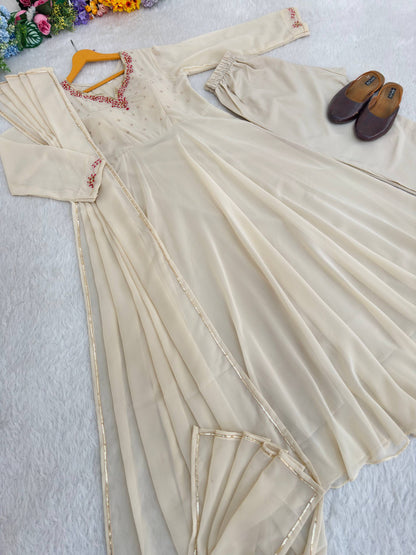 Bollywood Style Beige Color Princess Style Handwork Anarkali Gown