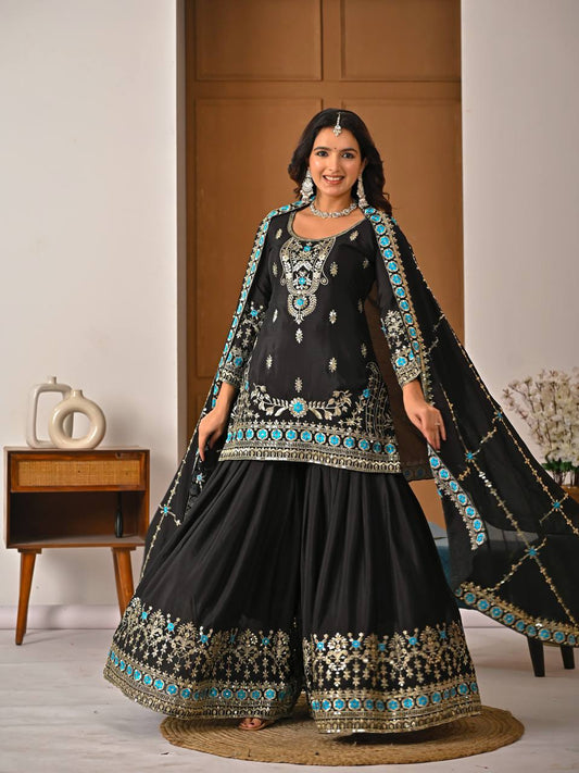 Beautiful Black Color Sequence Embroidered Sharara Suit With Dupatta