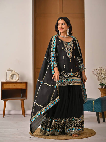 Beautiful Black Color Sequence Embroidered Sharara Suit With Dupatta
