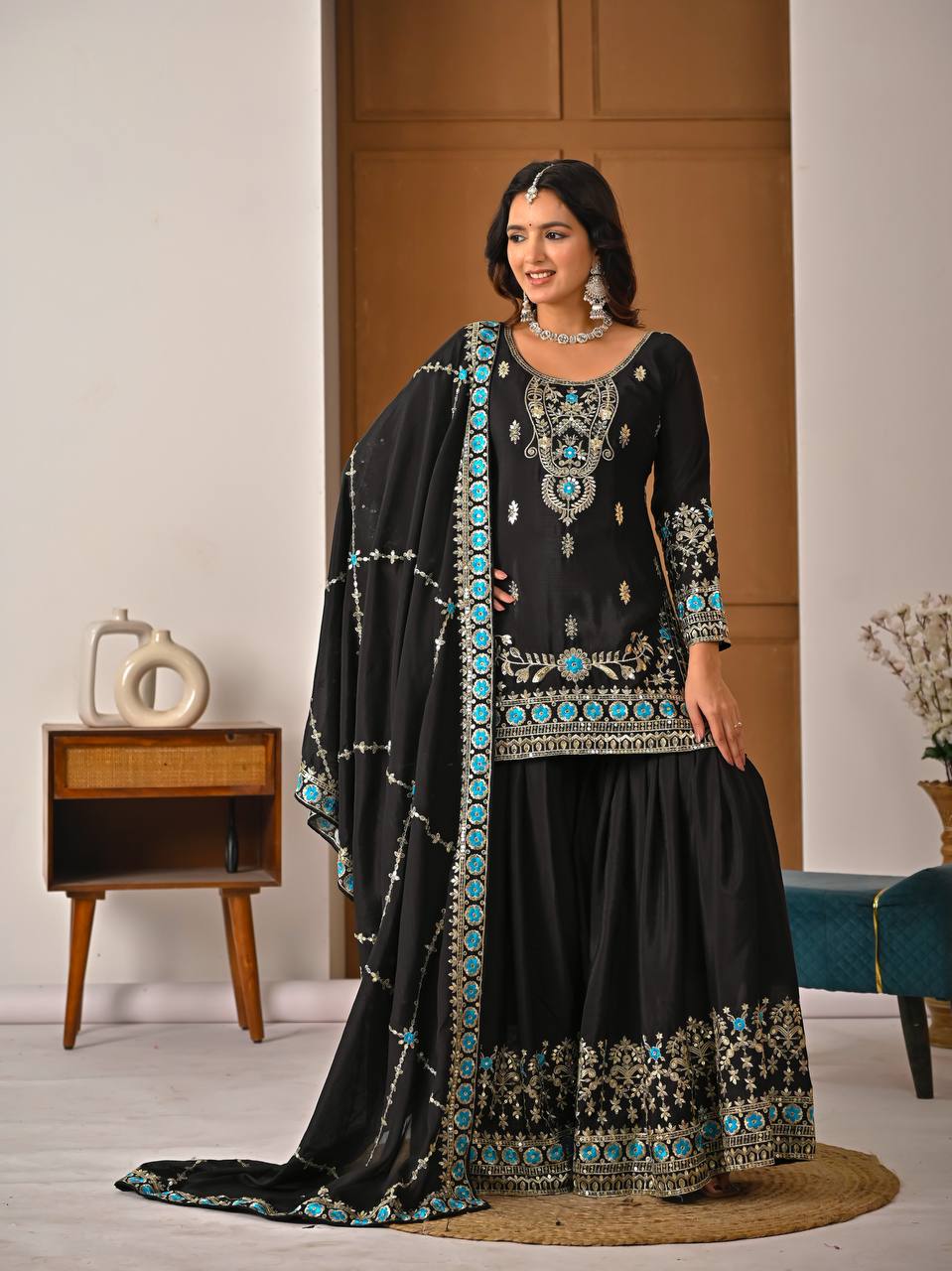 Beautiful Black Color Sequence Embroidered Sharara Suit With Dupatta