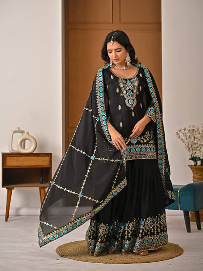 Beautiful Black Color Sequence Embroidered Sharara Suit With Dupatta