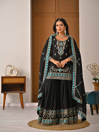 Beautiful Black Color Sequence Embroidered Sharara Suit With Dupatta