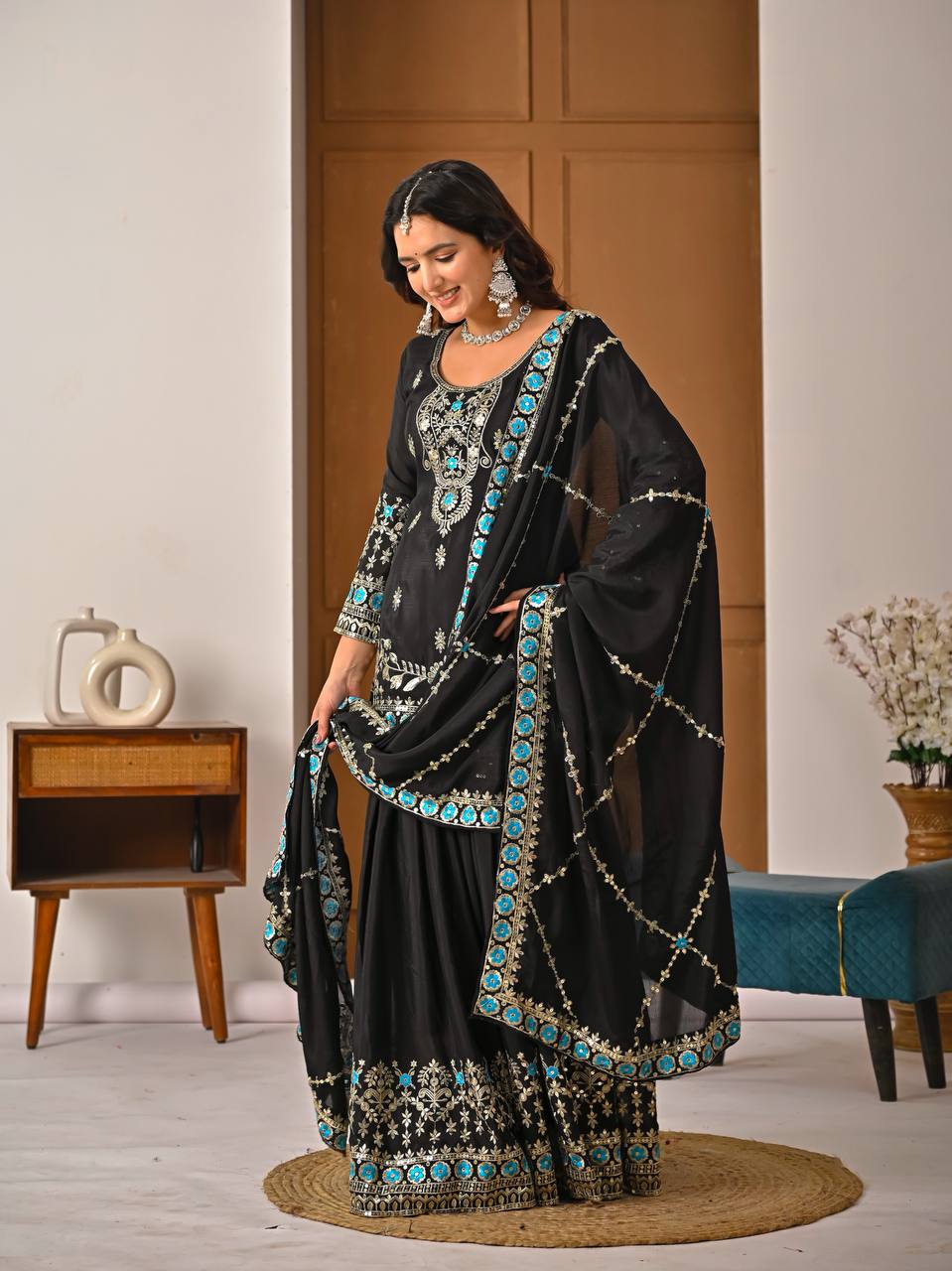Beautiful Black Color Sequence Embroidered Sharara Suit With Dupatta
