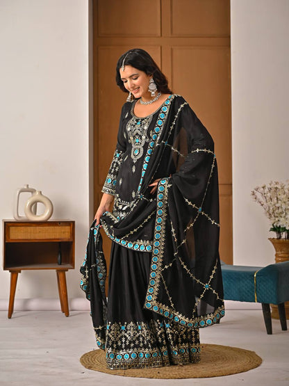 Beautiful Black Color Sequence Embroidered Sharara Suit With Dupatta