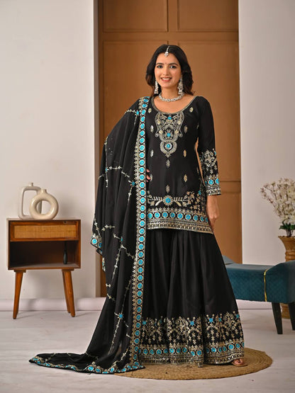 Beautiful Black Color Sequence Embroidered Sharara Suit With Dupatta