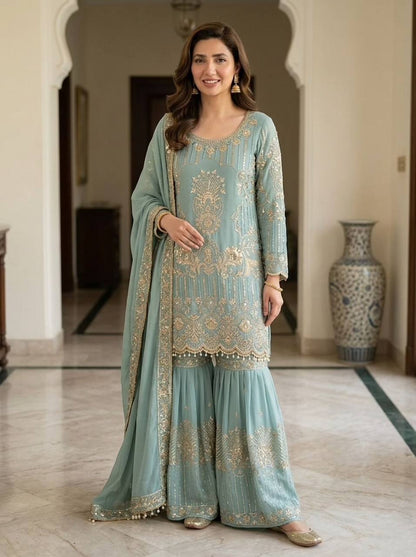 Ravishing Sky Blue Color Sequence Embroidered Sharara Suit