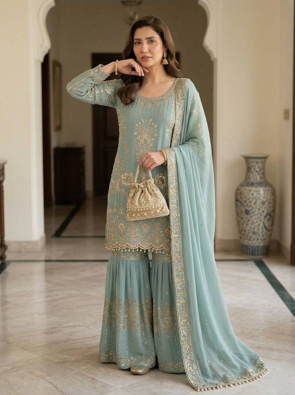 Ravishing Sky Blue Color Sequence Embroidered Sharara Suit