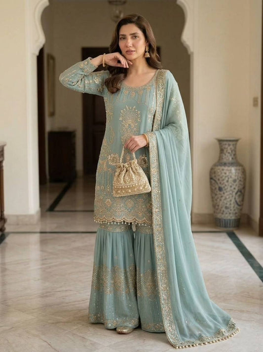 Ravishing Sky Blue Color Sequence Embroidered Sharara Suit