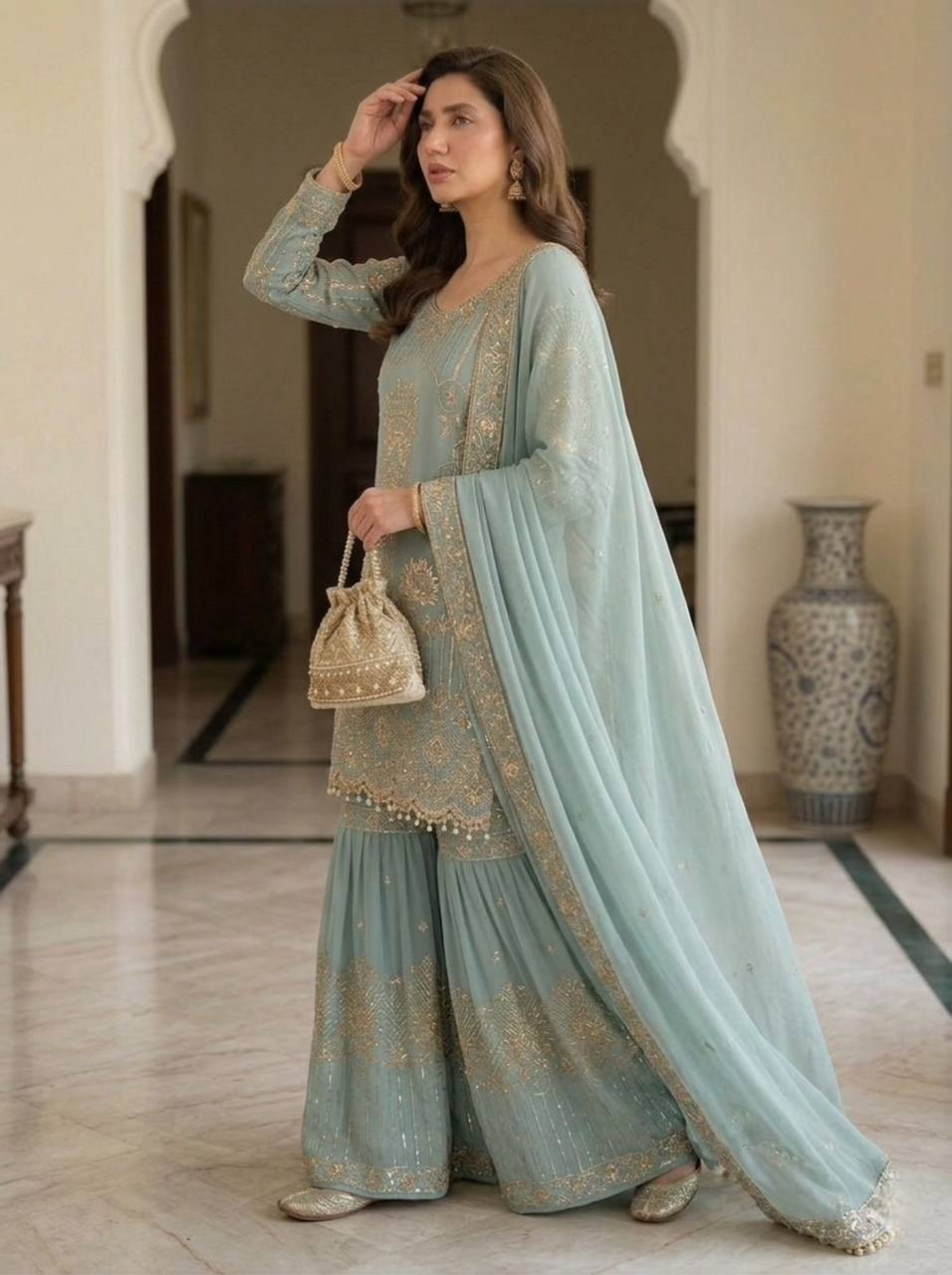 Ravishing Sky Blue Color Sequence Embroidered Sharara Suit