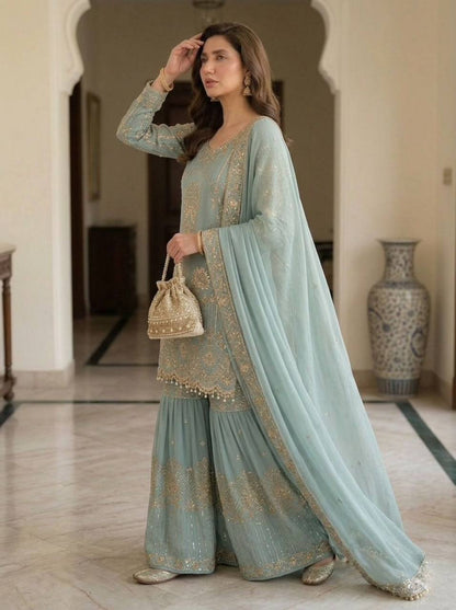 Ravishing Sky Blue Color Sequence Embroidered Sharara Suit