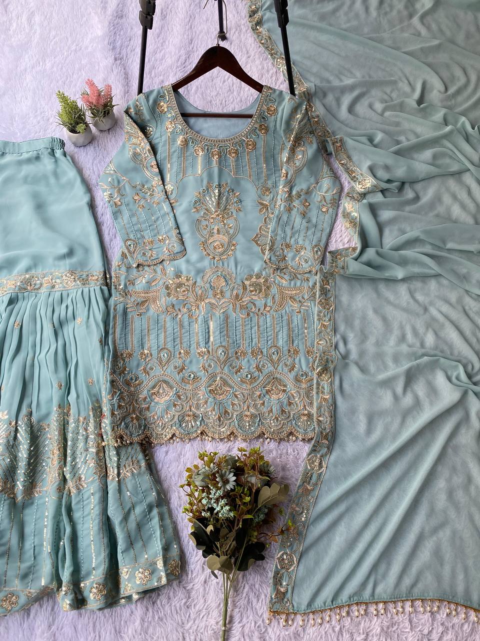 Ravishing Sky Blue Color Sequence Embroidered Sharara Suit