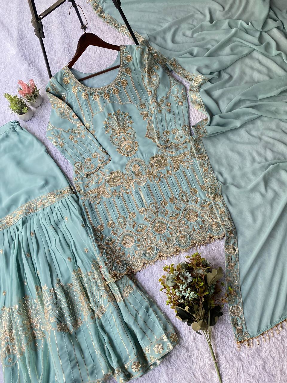 Ravishing Sky Blue Color Sequence Embroidered Sharara Suit