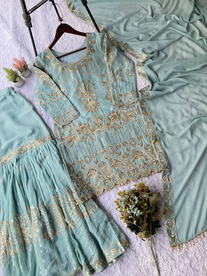Ravishing Sky Blue Color Sequence Embroidered Sharara Suit