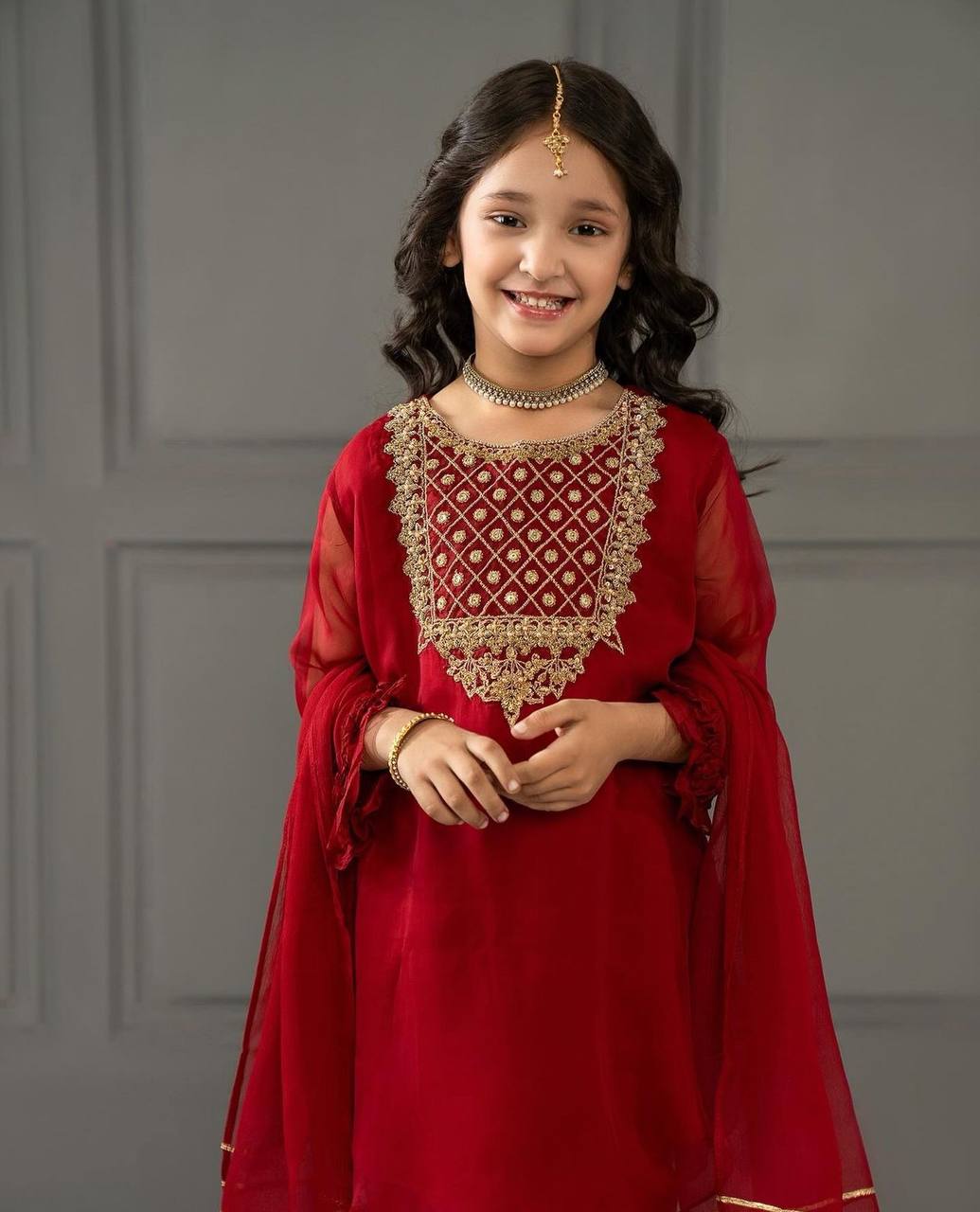 Designer Red Color Faux Georgette Embroidered Suit Set for Girls