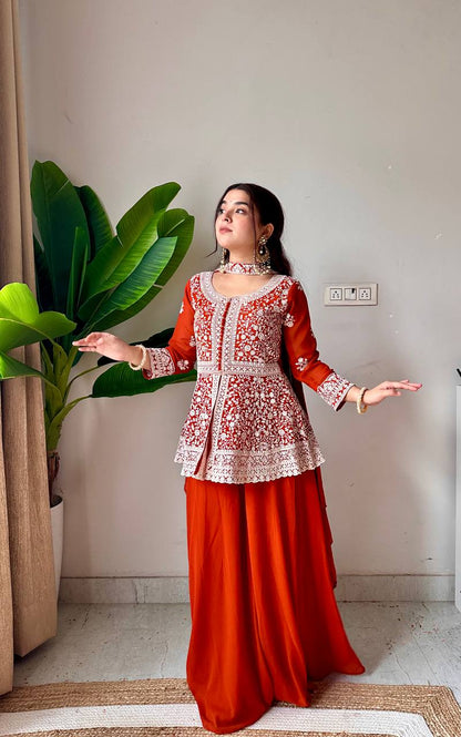 Ravishing Orange Color Georgette Embroidered Top With Palazzo Suit With Dupatta