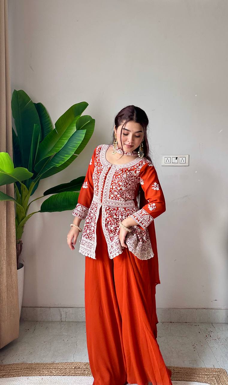 Ravishing Orange Color Georgette Embroidered Top With Palazzo Suit With Dupatta