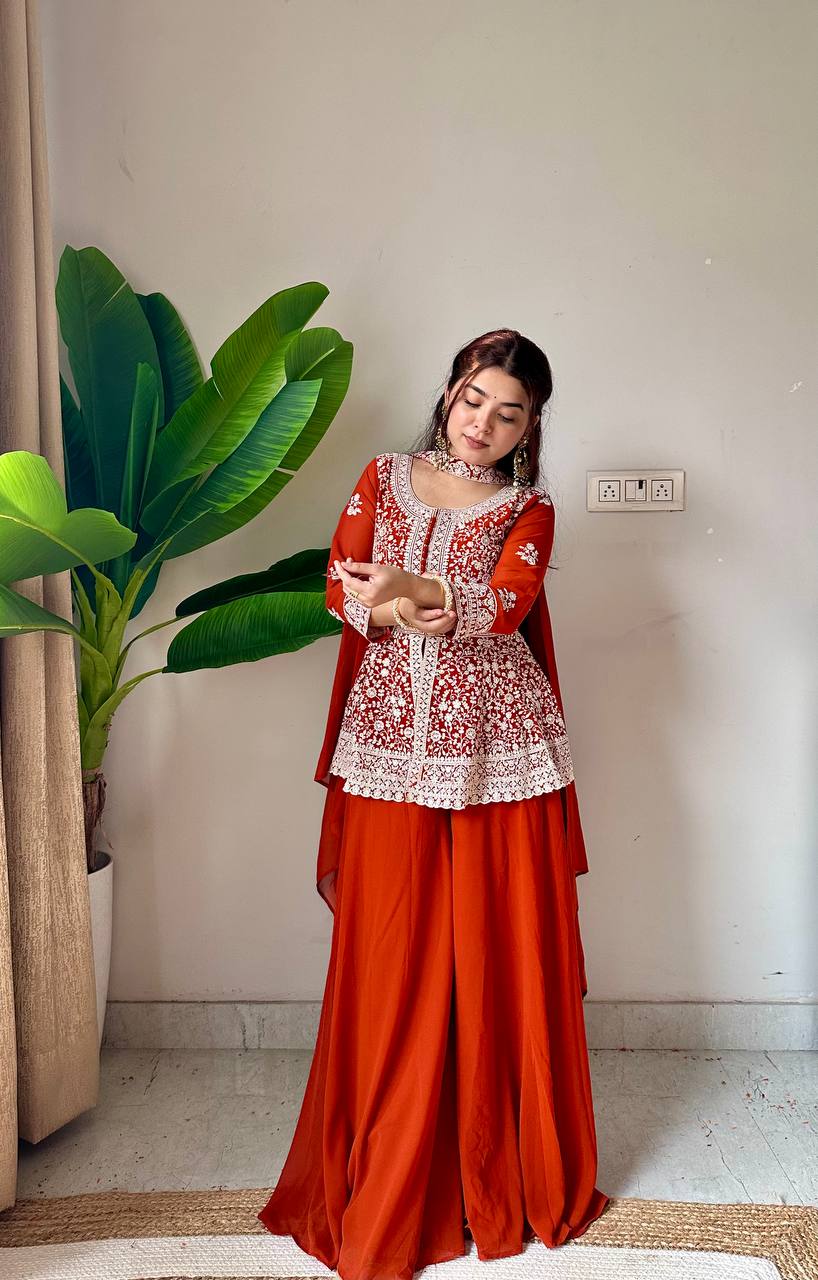 Ravishing Orange Color Georgette Embroidered Top With Palazzo Suit With Dupatta