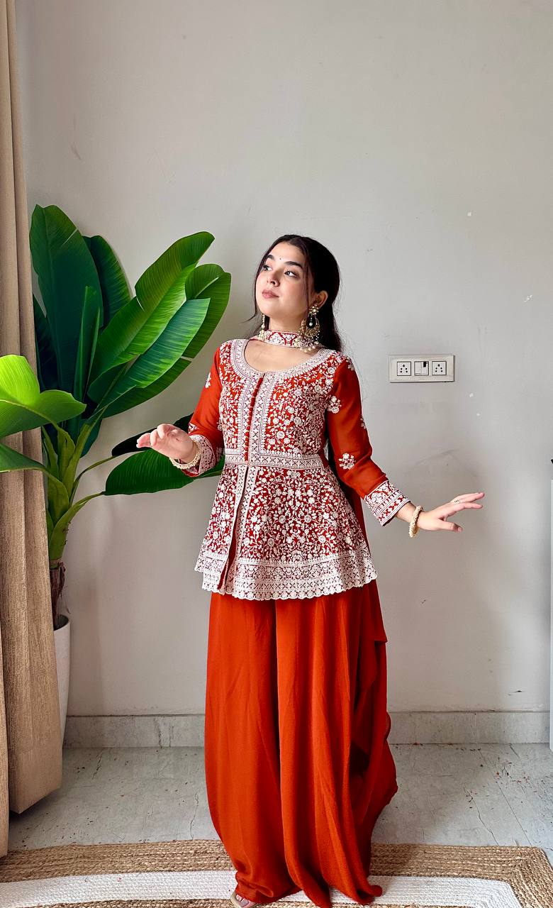 Ravishing Orange Color Georgette Embroidered Top With Palazzo Suit With Dupatta