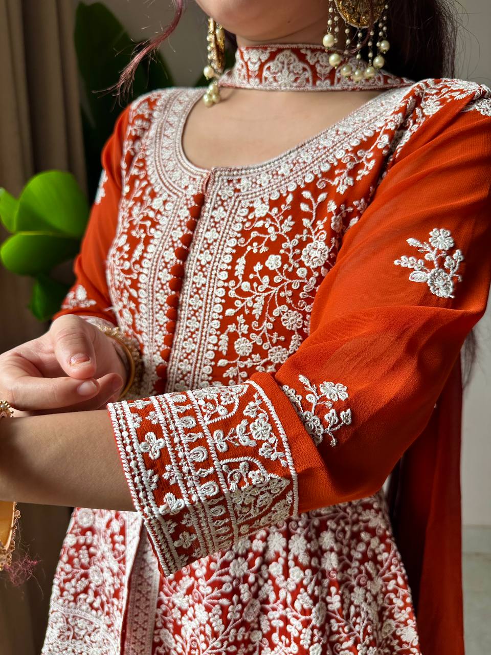 Ravishing Orange Color Georgette Embroidered Top With Palazzo Suit With Dupatta