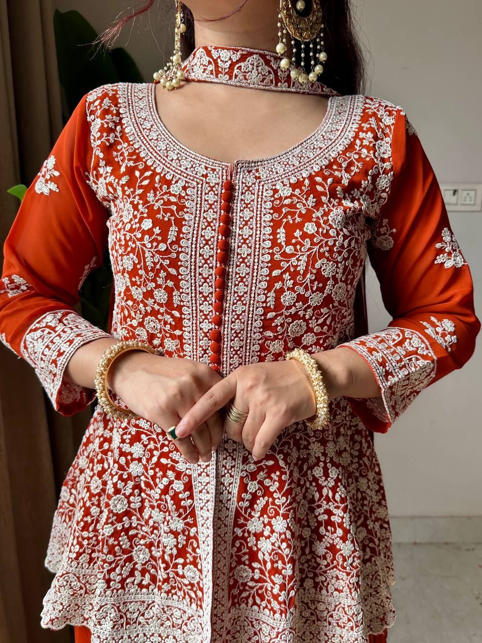 Ravishing Orange Color Georgette Embroidered Top With Palazzo Suit With Dupatta