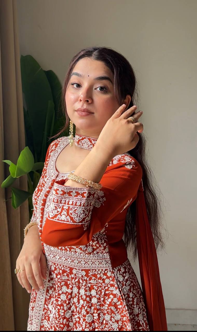 Ravishing Orange Color Georgette Embroidered Top With Palazzo Suit With Dupatta