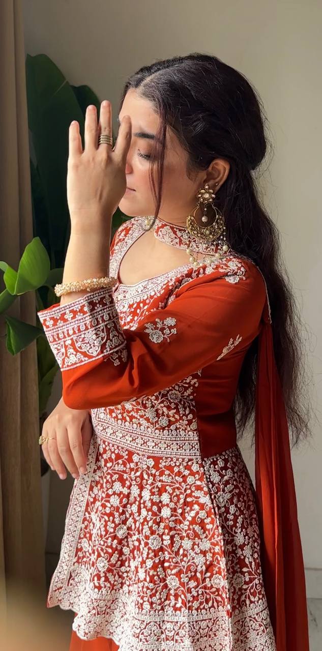 Ravishing Orange Color Georgette Embroidered Top With Palazzo Suit With Dupatta
