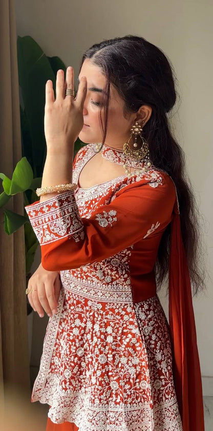Ravishing Orange Color Georgette Embroidered Top With Palazzo Suit With Dupatta