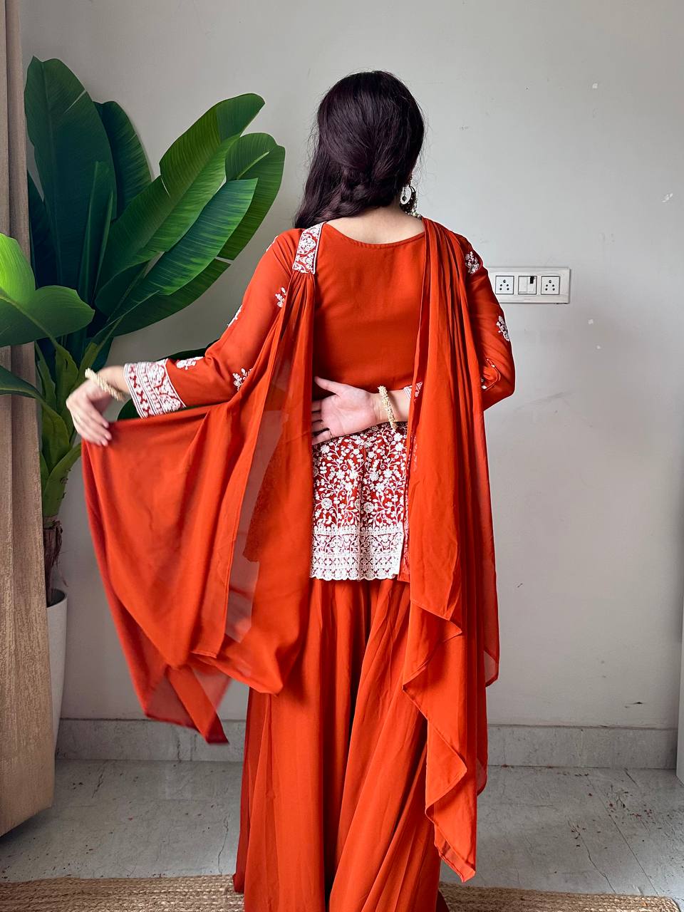 Ravishing Orange Color Georgette Embroidered Top With Palazzo Suit With Dupatta