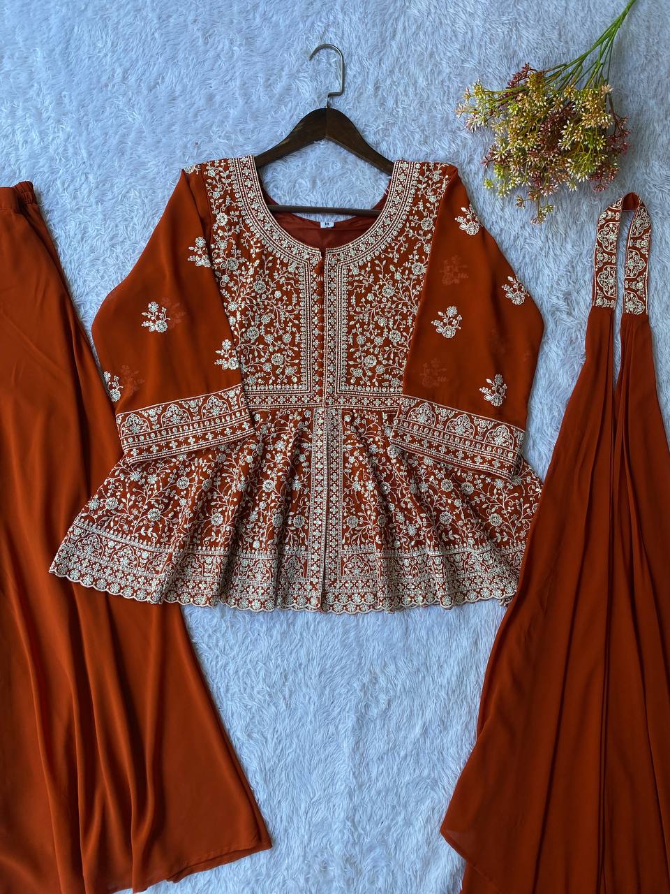 Ravishing Orange Color Georgette Embroidered Top With Palazzo Suit With Dupatta
