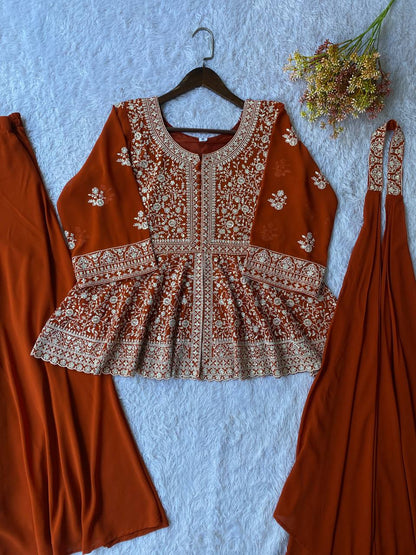 Ravishing Orange Color Georgette Embroidered Top With Palazzo Suit With Dupatta