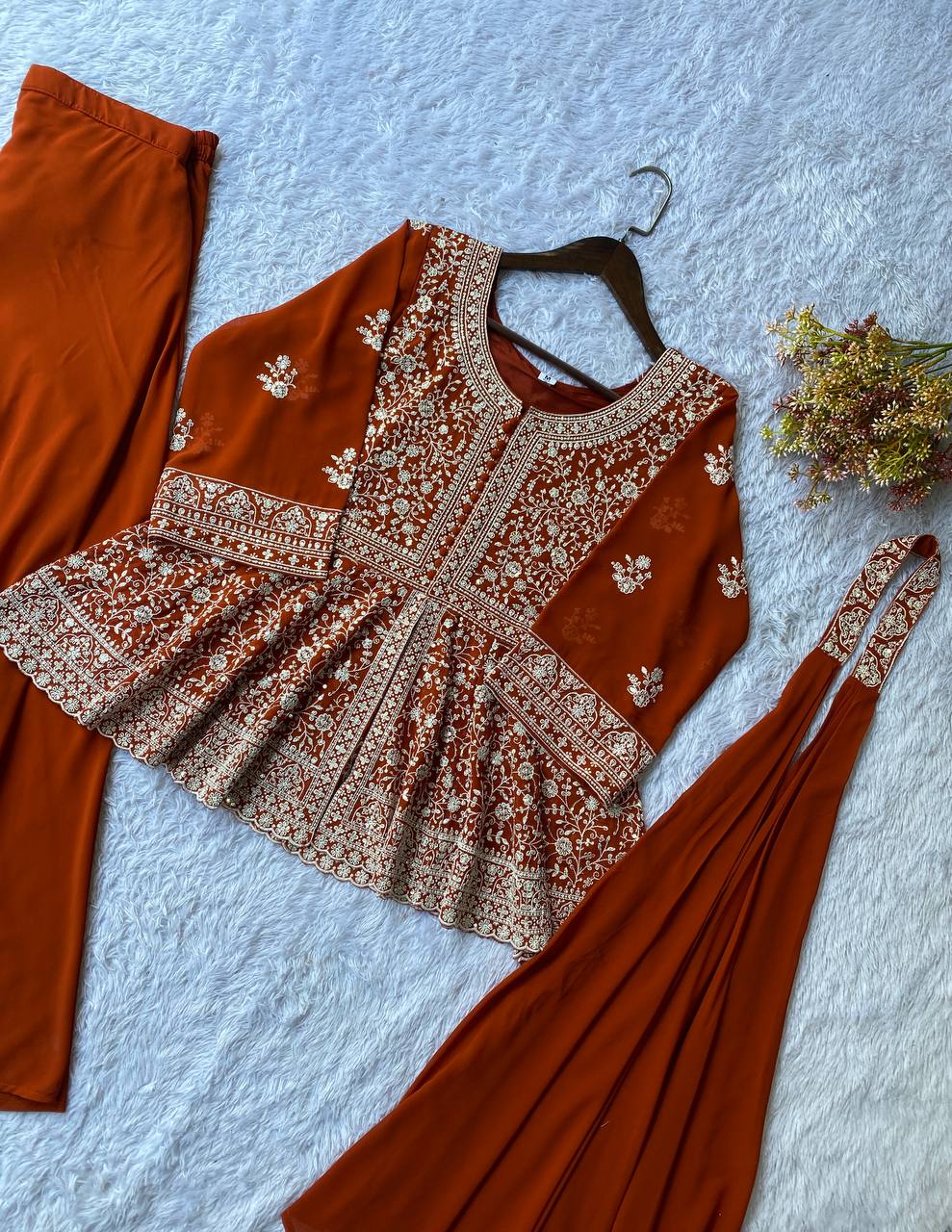 Ravishing Orange Color Georgette Embroidered Top With Palazzo Suit With Dupatta