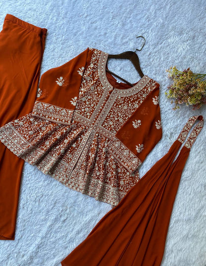 Ravishing Orange Color Georgette Embroidered Top With Palazzo Suit With Dupatta
