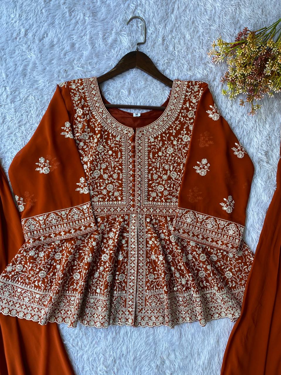 Ravishing Orange Color Georgette Embroidered Top With Palazzo Suit With Dupatta