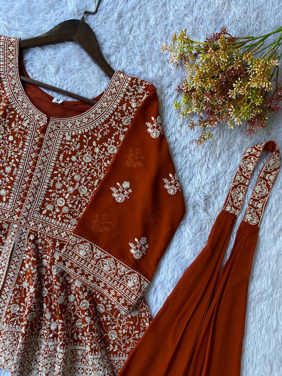 Ravishing Orange Color Georgette Embroidered Top With Palazzo Suit With Dupatta