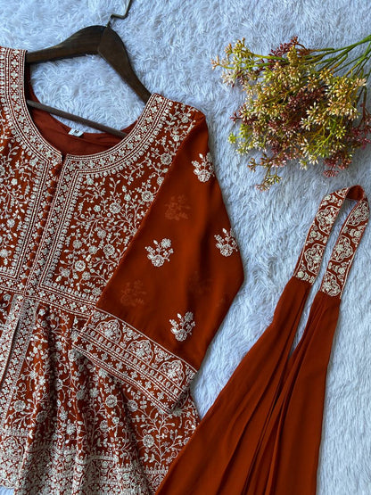 Ravishing Orange Color Georgette Embroidered Top With Palazzo Suit With Dupatta