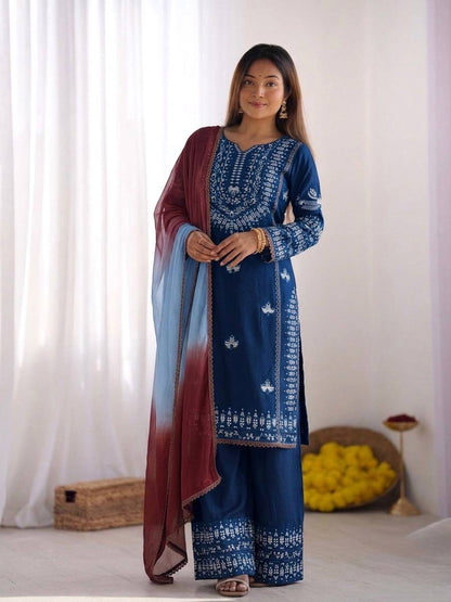 Eye Catching Blue Color Embroidered Thread Work Salwar Suit