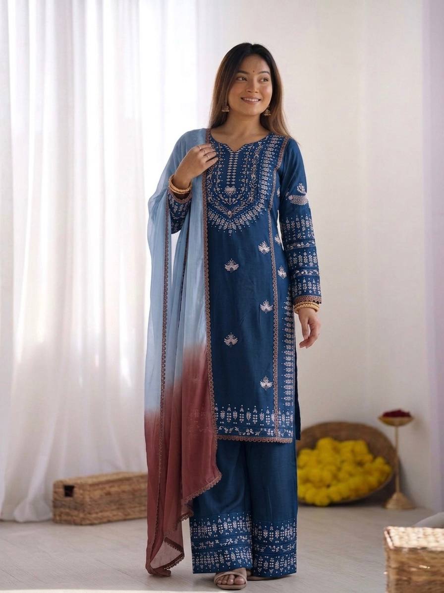 Eye Catching Blue Color Embroidered Thread Work Salwar Suit