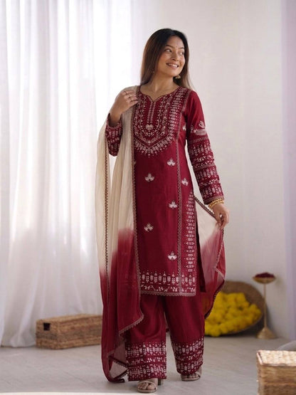 Admiring Maroon Color Rayon Cotton Embroidered Thread Work Salwar Suit