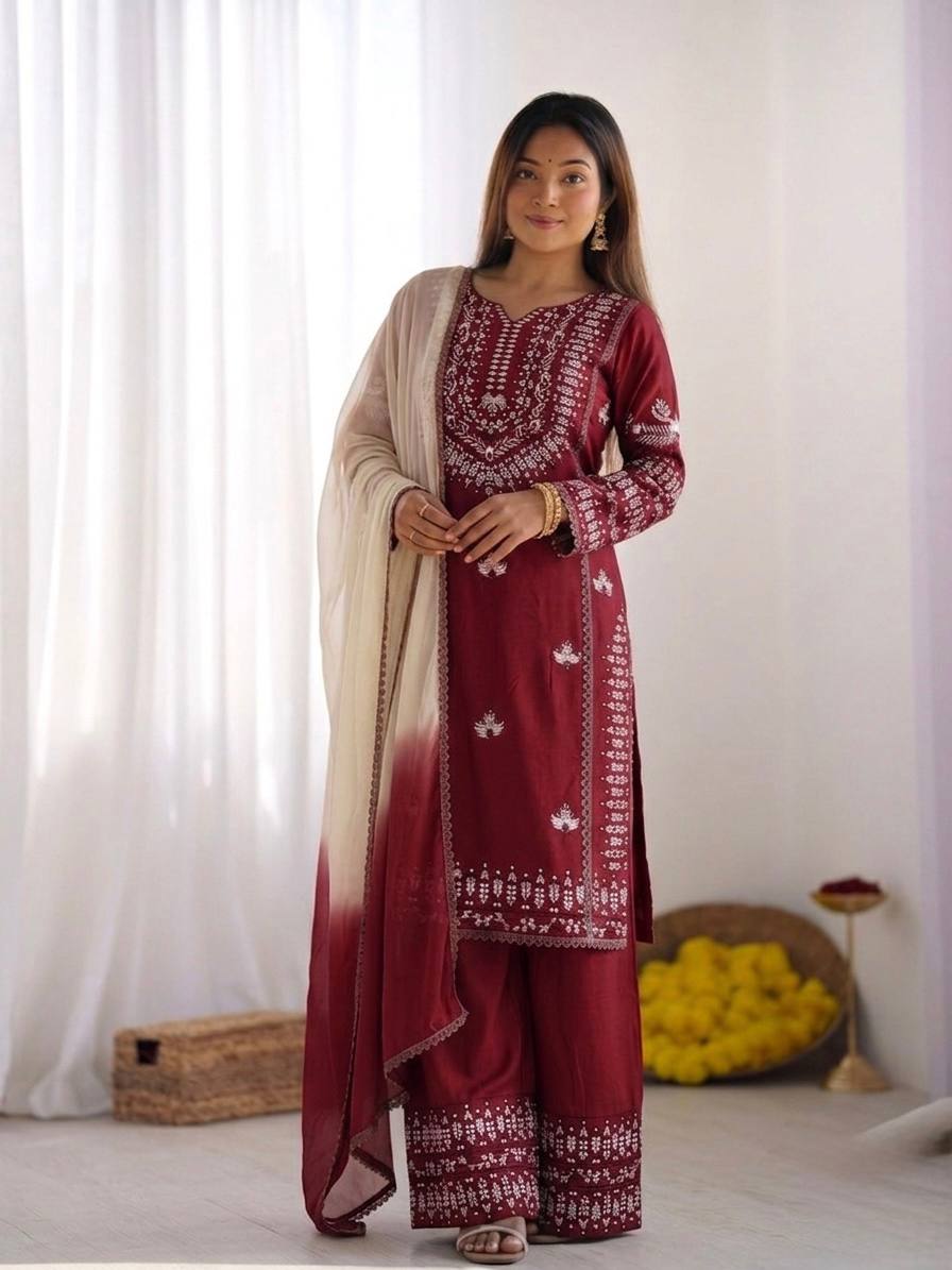 Admiring Maroon Color Rayon Cotton Embroidered Thread Work Salwar Suit