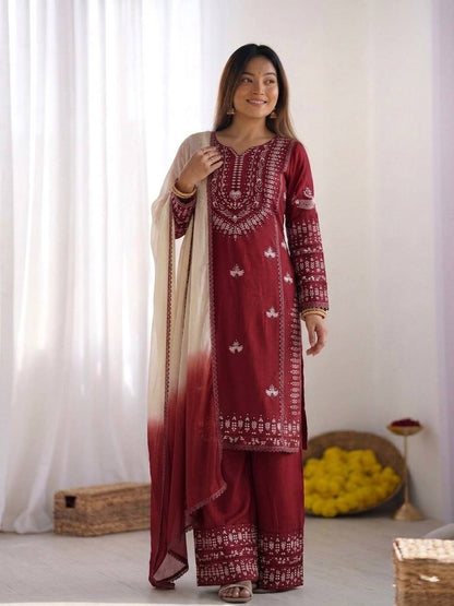 Admiring Maroon Color Rayon Cotton Embroidered Thread Work Salwar Suit
