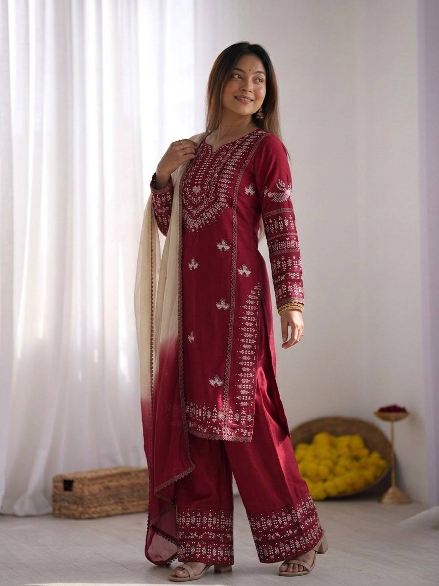 Admiring Maroon Color Rayon Cotton Embroidered Thread Work Salwar Suit