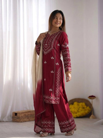 Admiring Maroon Color Rayon Cotton Embroidered Thread Work Salwar Suit
