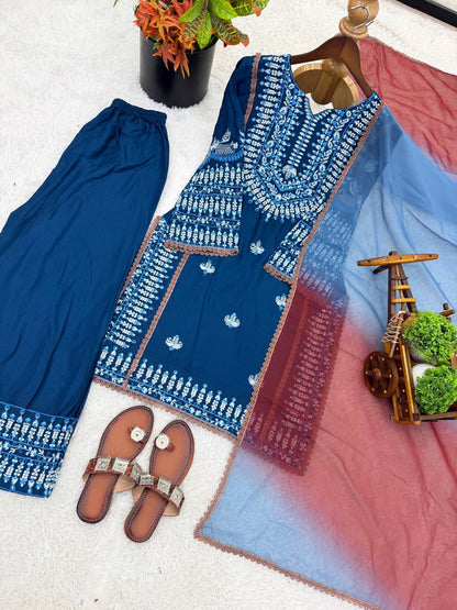 Eye Catching Blue Color Embroidered Thread Work Salwar Suit