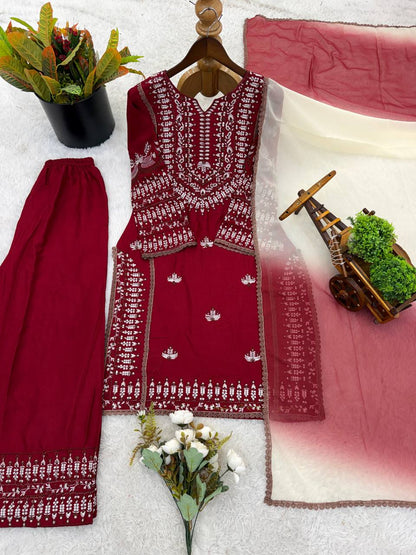 Admiring Maroon Color Rayon Cotton Embroidered Thread Work Salwar Suit